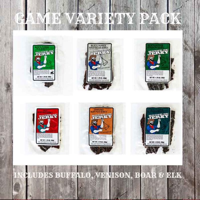 6 bags of jerky on a wooden background with the words Game Variety Pack on top and Includes buffalo, venison, boar & elk on the bottom