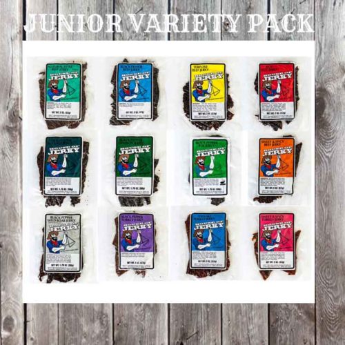 12 bags of Jerky on a wooden background with the words Junior Variety Pack on the top