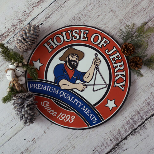 house of jerky logo metal sign on white background