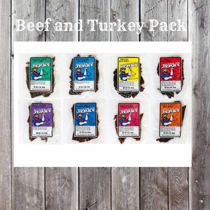 8 flavors of jerky on a wooden background with the words Beef and Turkey Pack