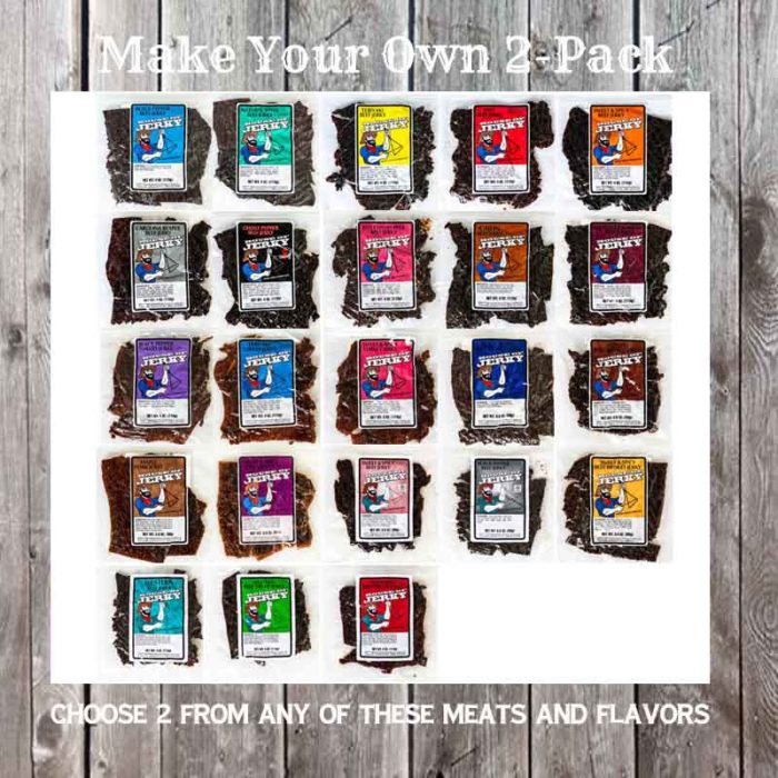23 bags of Jerky on a wooden background with the words Make Your Own 2-Pack on top and Choose 2 from any of these meats and flavors on the bottom