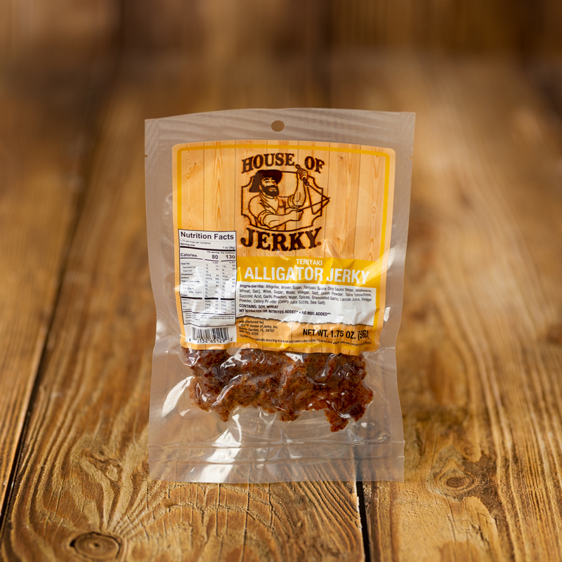 1.75 oz bag of teriyaki alligator jerky