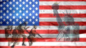 American flag background with military people on the lower left and the statue of liberty on the right