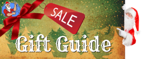 The words Gift Guide on a banner with a faded snowy scene. The House of Jerky guy on the upper left with a ribbon and tag saying sale and Santa Claus pointing to it all on the right