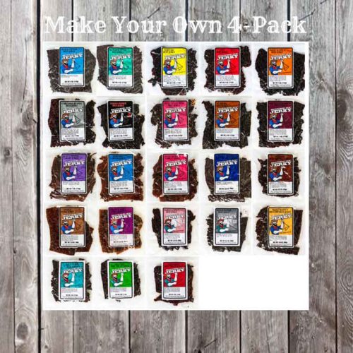 23 bags of jerky on a wooden background with the words Make Your Own 4-pack at the top