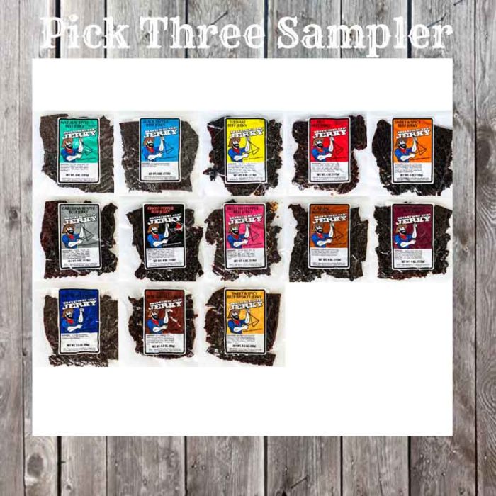 13 bags of jerky on a wooden background with the words PIck Three Sampler at the top