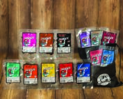 black drawstring bag with 13 varied bags of 2oz beef and turkey jerky flavors
