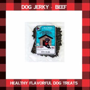 bag of dog house jerky beef jerky with a buffalo plaid frame and the words dog jerky - beef and the bottom healthy flavorful dog treasts