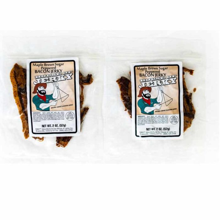 two bags of maple brown sugar peppered bacon jerky