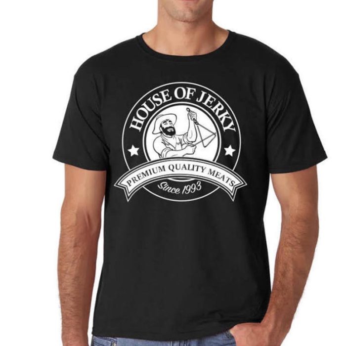 black tshirt with house of jerky logo centered in the middle