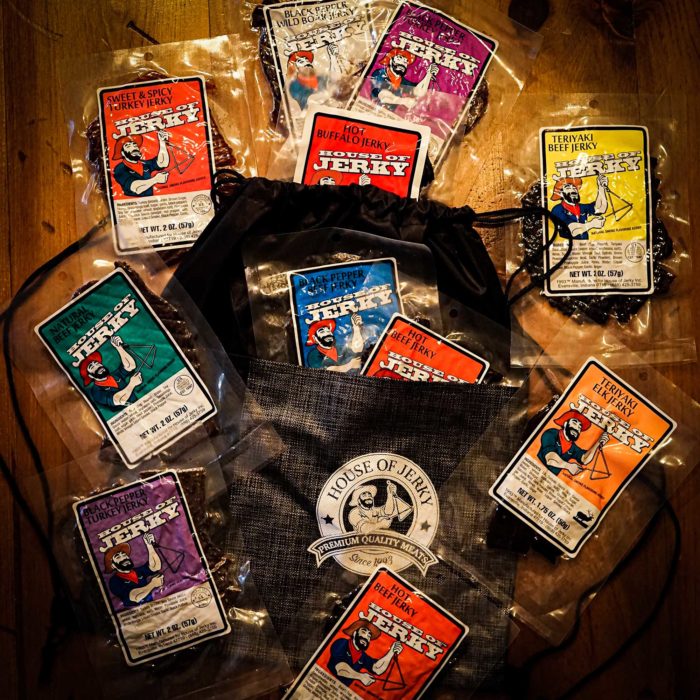 Picture of all of the different jerky flavors in the house of jerky gift bag