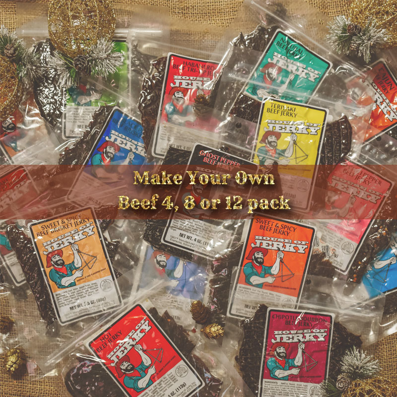 picture of assorted packages of beef jerky with text that reads - Make Your Own Beef 4, 8 or 12 pack