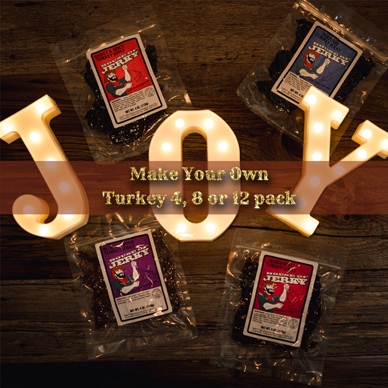 picture of four flavors of turkey jerky - Make Your Own Turkey Jerky Pack when you pick from our turkey flavors. Choose from: Size - 4, 8 or 12 bags Black Pepper, Teriyaki, Sweet & Spicy, Habanero 