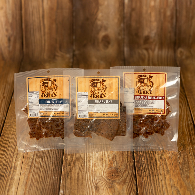 bags of sriracha, peppered and teriyaki sharkjerky