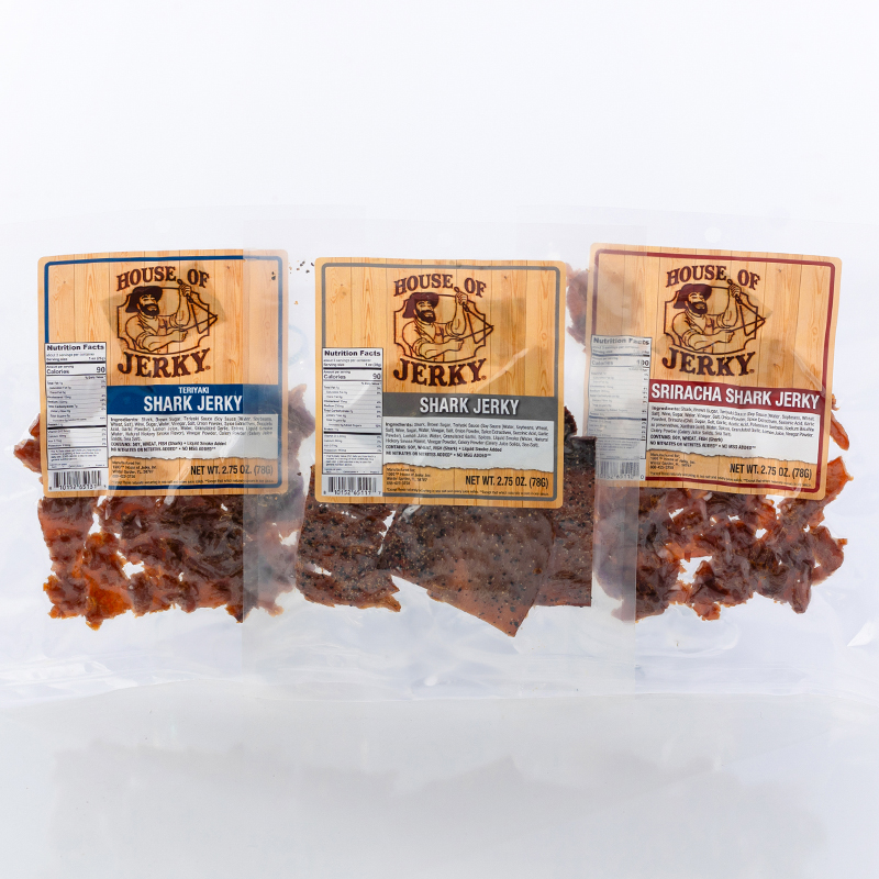 3 pack of shark jerky, peppered, teriyaki, sriracha