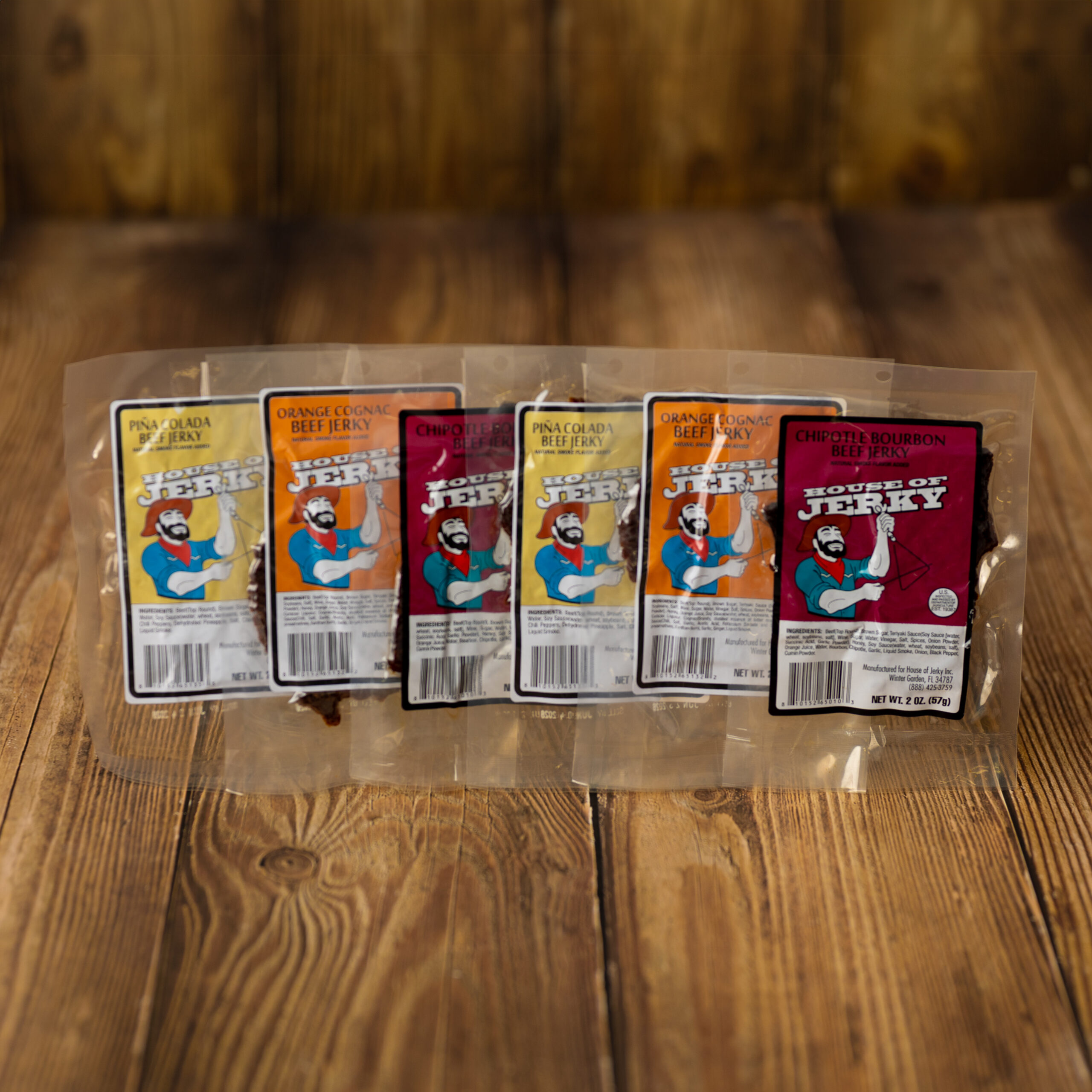 2 bags each of orange cognac, pina colada and chipotle bourbon beef