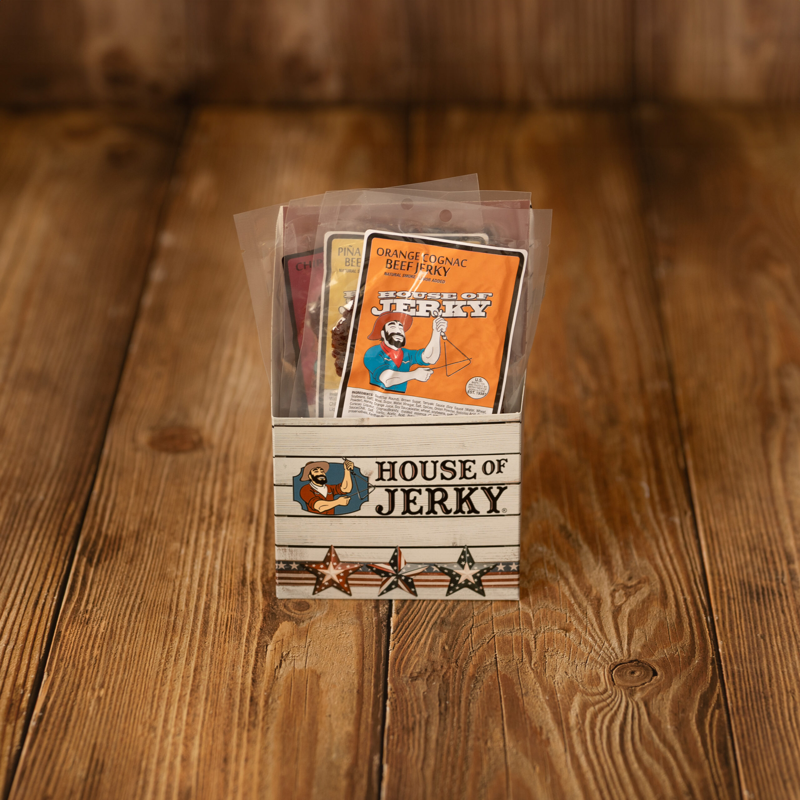 assorted jerky in a six pack holder