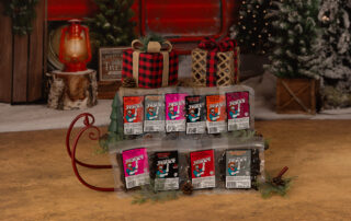 random assortment of spicy jerky on a holiday background
