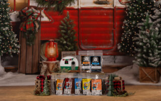 random assortment of jerky on a holiday background