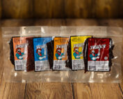 bags of teriyaki elk, teriyaki turkey, teriyaki buffalo, teriyaki beef and teriyaki beef brisket jerky