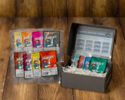 grey box with 12 assorted flavors of beef jerky