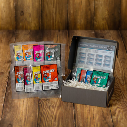 grey box with 12 assorted flavors of beef jerky